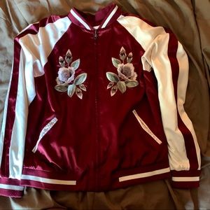 Maroon & White Bomber Jacket with Flower Details